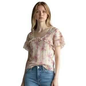 THE GREAT Women’s Boho Pink Floral Ruffle Peasant Style Top